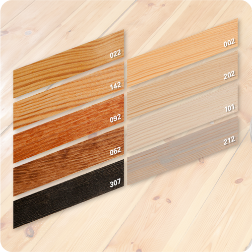 Farbabbildungen für LEINOS Hartöl: Farblos, Pinie, Nussbaum, Kastanie, Doppelweiß, Bernstein, Weiß, Grau, Schwarz