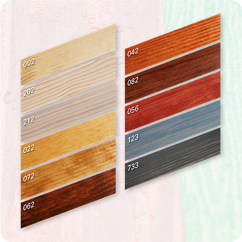 Farbabbildungen für die LEINOS Holzlasur: Farblos, Pinie, Teak Dunkel, Nordisch-Rot, Nussbaum, Eiche, Palisander, Ebenholz, Friesenblau, Weiß, Hellgrau, Anthrazitgrau.