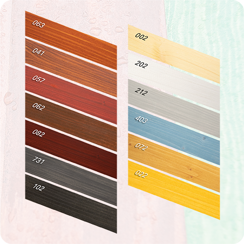 Farbabbildungen für LEINOS Holzlasur wässrig: Farblos, Pinie, Teak, Schwedenrot, Nussbaum, Mahagoni, Eiche, Palisander, Ebenholz, Weiß, Hellgrau, Taubenblau, Anthrazit